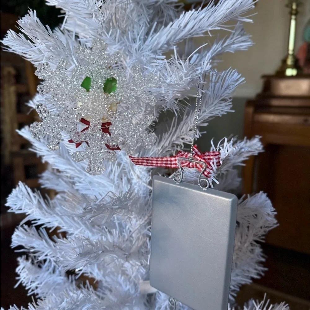 Vintage 1989 Festive Joy Cookie Snowman Ornament with White Christmas Tree Set